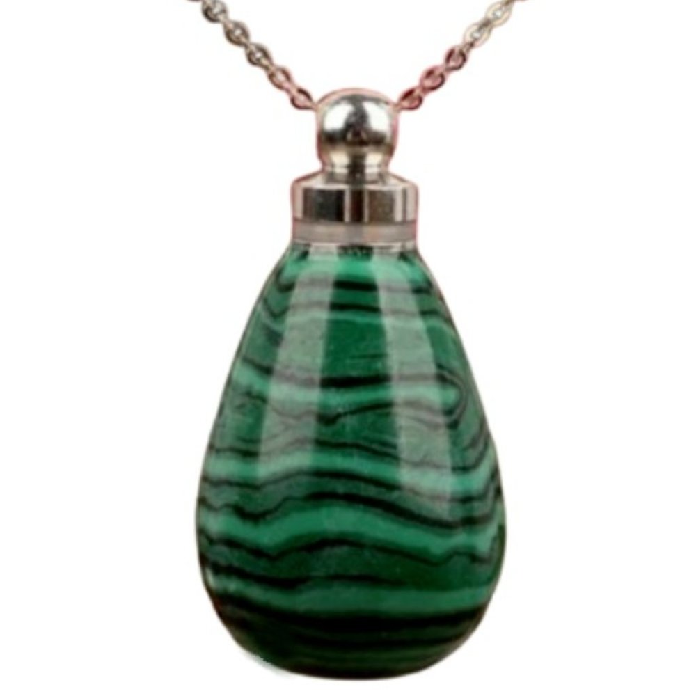 Natural Malachite Crystal Gemstone CREMATION URN with 24" Steel Chain Necklace